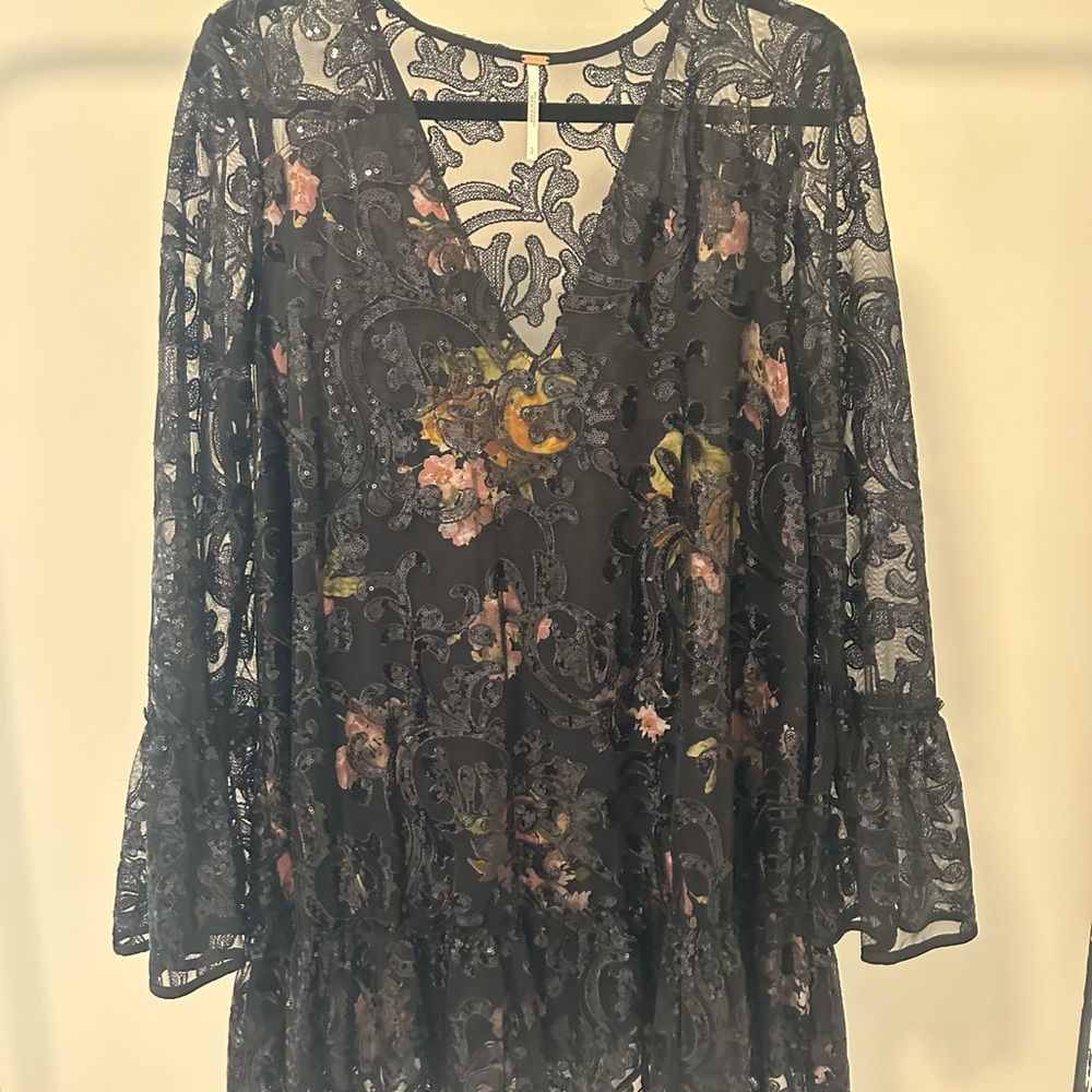 Free People Black Floral Lace Mini Dress With Sequins